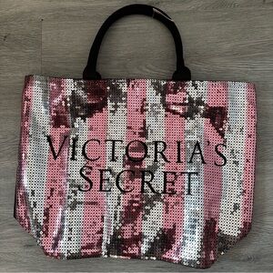 NWT Victoria’s Secret Pink and‎ Black Sequin Stripe Tote Bag